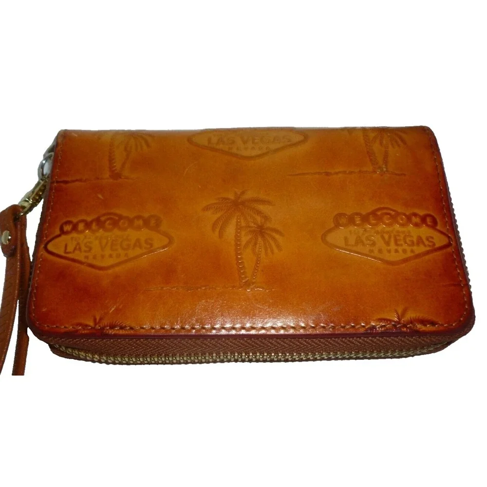 Las Vegas Embossed Brown Leather Zip‎ Around Wristlet Wallet Palm Trees Souvenir